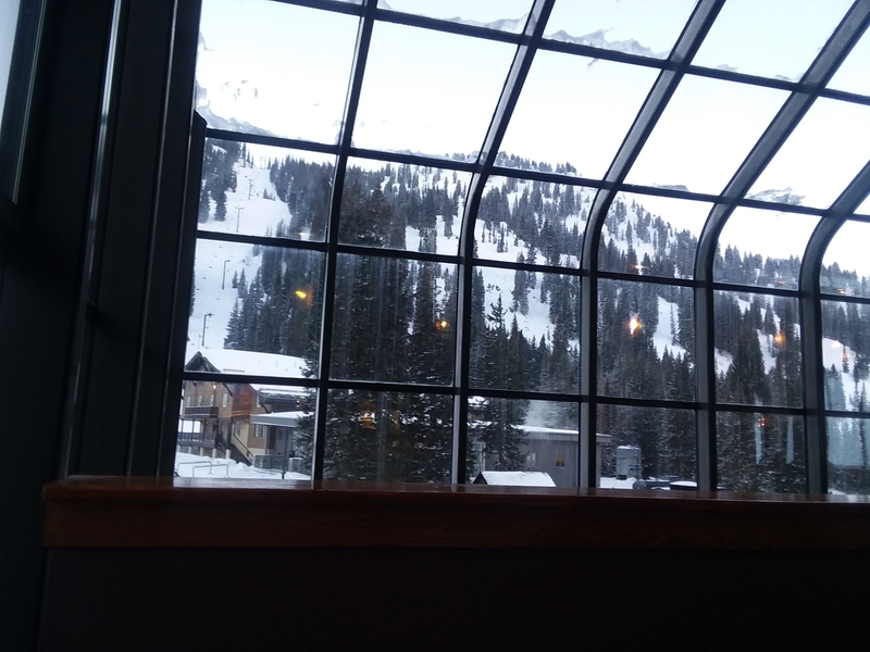 View of the mountain in the morning at breakfast. True ski on ski off!